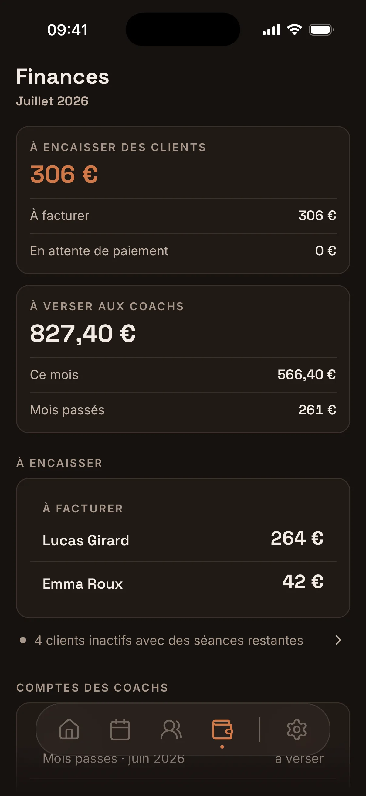 Les comptes avec tes coachs, calculés tout seuls.